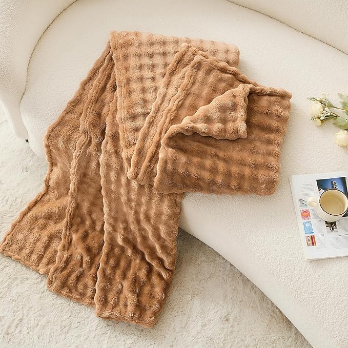 3D Bubble Plush Blanket Textured Fleece Throw Soft Warm Cozy Blanket Couch Bed Throw Brown 50x60 Inches
