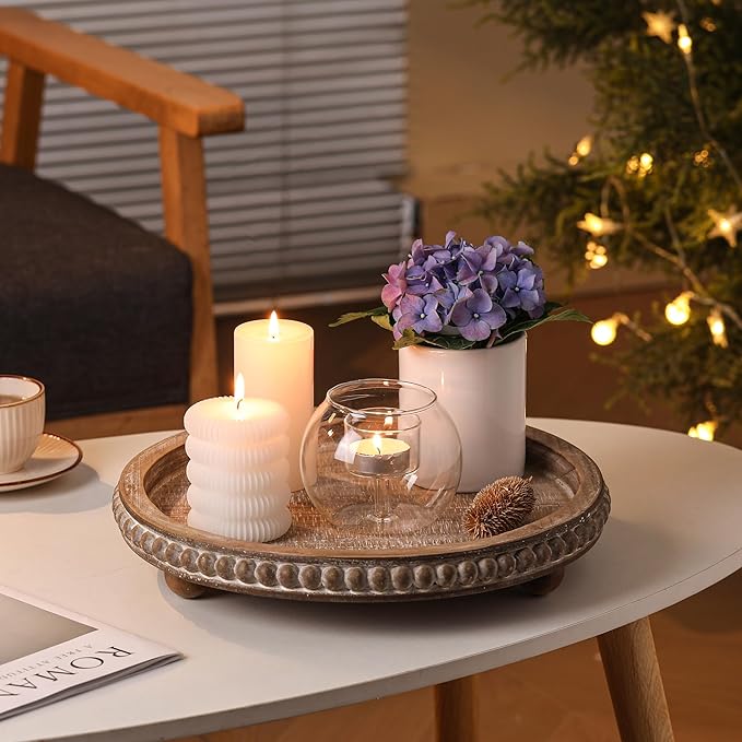 Wooden Coffee Table Tray Decor, Round Decorative Tray Brown Beaded Distressed Rustic Farmhouse Centerpiece for Dining Room Entryway Kitchen Counter Candle Holder Organizer