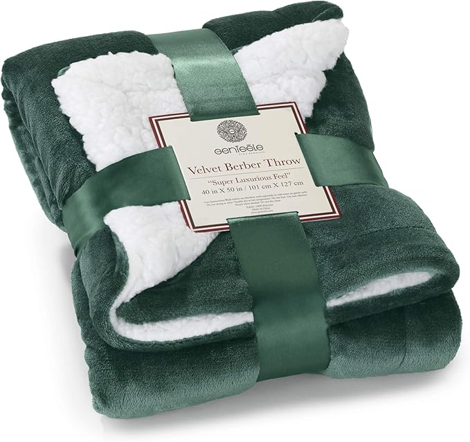 Genteele Sherpa Throw Blanket Super Soft Reversible Ultra Luxurious Plush Blanket, 40 x 50 inches, Hunter Green/White