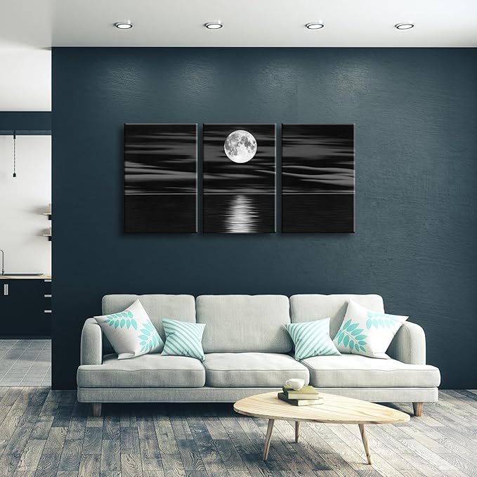 Wieco Art 3 Panel Sea White Full Moon in Night Canvas Print Wall Art Black and White Ocean Beach for Living Room Bedroom Kitchen Home Decorations Modern Abstract Artwork