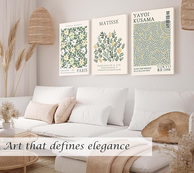 Induslyfe Large Framed Green Wall Art Canvas Decor Set of 3, Matisse Wall Art Framed Prints Posters Mid Century Modern Art, Aesthetic Floral Botanical wall art for bedroom, living room bathroom 18x24