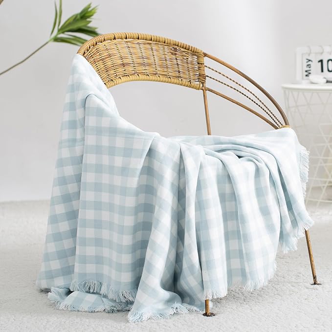 100% Cotton Throw Blanket Plaid Soft Lightweight Cozy Farmhouse Tassels Summer Thin Breathable Throws for Couch Sofa Bed (50" × 60" Blue)