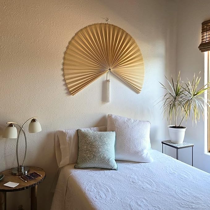 ChumDecor Fan Wall Decor, Japanese Giant Fan, Large Bamboo Fan Wall Art For Boho Hanging Headboard, Decorative Folding Fans For Over Bed, Asia Trending (Ivory 60 inch)