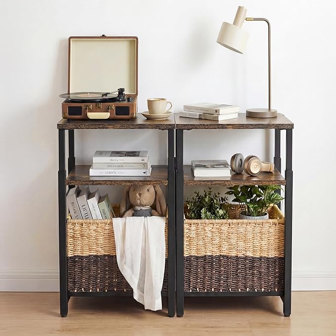 Side Table with Storage Basket, Small End Table with Modern Design and Adjustable Height for Living Room, Bedroom Nightstand Bedside Table for Small Spaces (Rustic Brown + Classic Black)