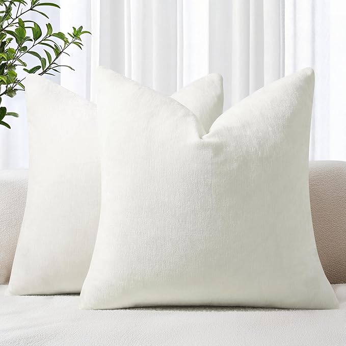 decorUhome Chenille Cream White Throw Pillow Covers 22x22 Inch Set of 2, Decorative Soft Couch Pillow Covers Solid Dyed Accent Farmhouse Neutral Square Pillow Cases for Sofa