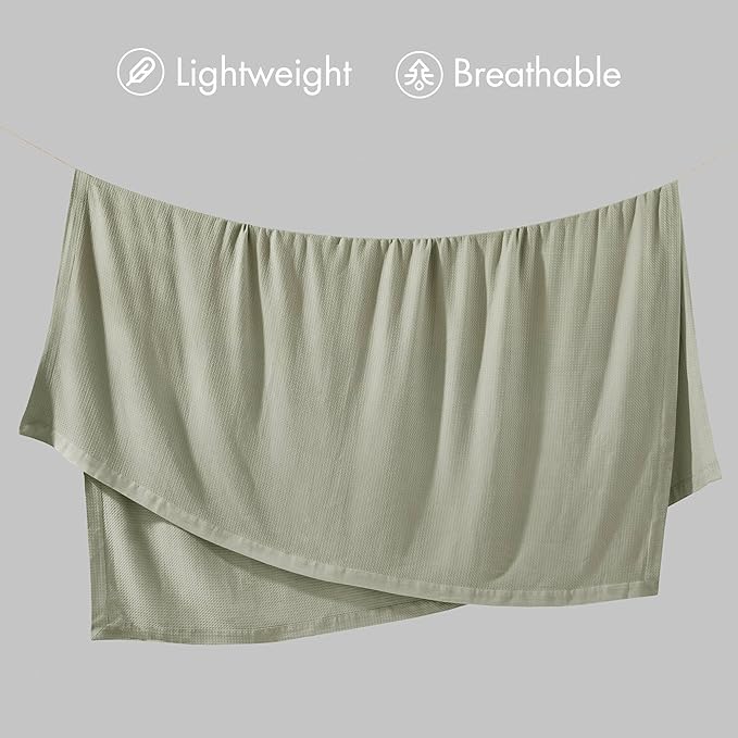 Madison Park 100% Egyptian Cotton Lightweight Summer Blanket, Breathable Waffle Knit Design, Soft Cozy All-Season Throw for Bed, Couch or Sofa, Sage Green King Size (108"x90")