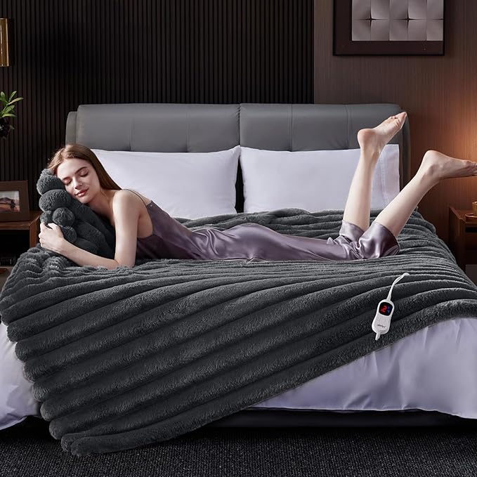 Heated Blanket Twin Size, Faux Fur Cozy Heating Blanket with Overheat Protection, 1/2/4/6/8 Hours Auto-Off 10 Heat Level, Machine Washable (62x84 Inches, Darkgrey)