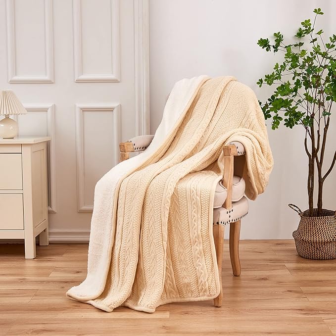 Longhui bedding Cream 50 x 63 Inches Acrylic Cable Knit Sherpa Throw Blanket - Thick, Soft, Big, Cozy Beige Knitted Fleece Blankets for Couch, Sofa, Bed - Large Coverlet All Season