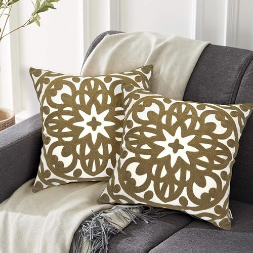 Alysheer Embroidered Summer Decorative Throw Pillow Covers 18"x18" Set of 2, Classic Boho Mandala Green Pattern Cotton Canvas Chic Cushion Cases for Sofa Couch Bed Living Room Decor (Taupe Khaki)