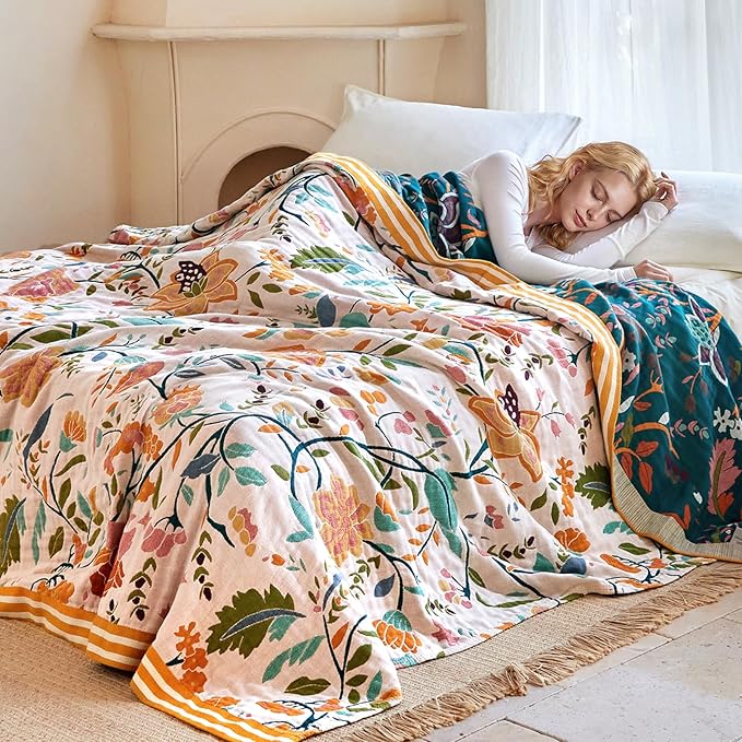 Boho Throw Blanket - 90"x90" 100% Cotton Ultra Soft Lightweight Blanket, 4-Layer Breathable Muslin Spring Blankets for Bed Couch, Reversible Green Floral Printed Bohemian Cotton Quilt
