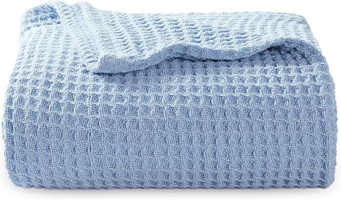 Bedsure Gentlesoft 100% Cotton Blanket Twin XL Size for College Dorm - Cooling Breathable and Soft for Spring Summer, Waffle Weave Twin Blanket for Bed, Dorm Room Essentials, Sky Blue, 66x90 inches