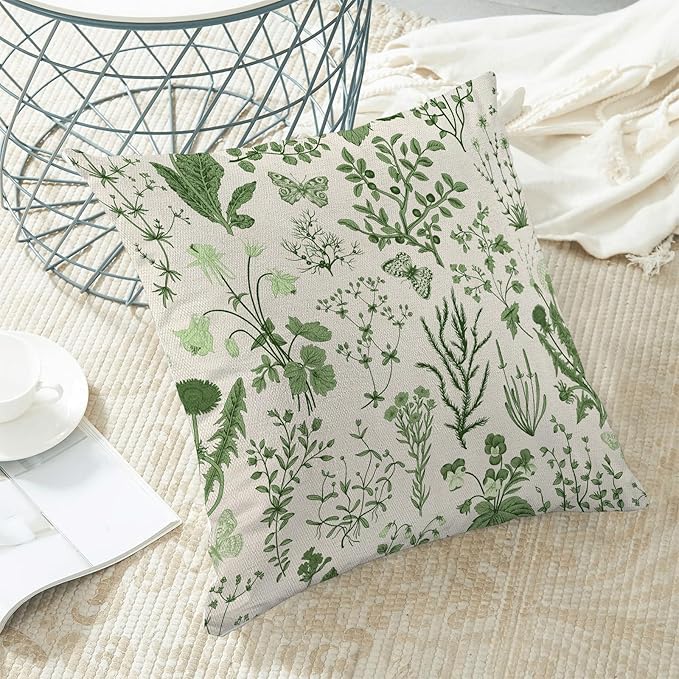 AEIOAE Summer Pillow Covers 16x16 Inch Set of 2,Olive Green Wild Flower Plant Throw Pillows Case,Seasonal Floral Outdoor Decorative Square Linen Farmhouse Decor Cushion Covers for Home Sofa Bed Couch