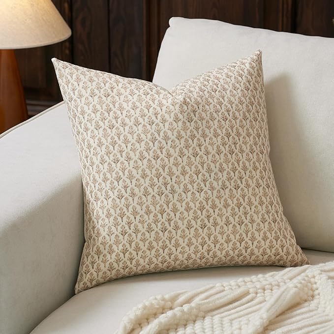FIOUOVO Floral Pillow Covers 18x18 Pillow Cover Block Print Couch Pillows for Living Room Decorative Neutral Accent Throw Pillow Covers, 1PC, Cognac Brown