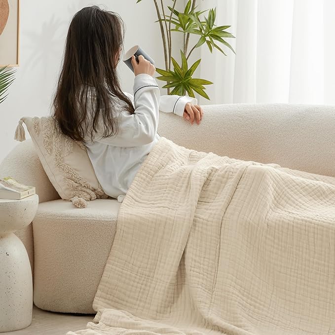 Love's cabin 100% Cotton Muslin Blanket, 6 Layer Lightweight Breathable Gauze King Size Blanket 108 x 90 Inches, Soft Summer Blanket for Bed, Beige