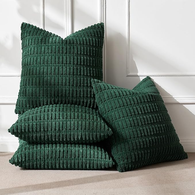 MIULEE Pack of 4 Christmas Dark Green Corduroy Decorative Throw Pillow Covers 18x18 Inch Soft Boho Striped Pillow Covers Modern Farmhouse Home Decor for Sofa Living Room Couch Bed