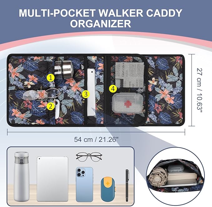 supregear Walker Bag, Universal Seniors Caddy Organizer with Multiple Pockets, Lightweight Accessories for Elderly, Rollators, Wheelchairs and Bedside Rails, Easy to Use Storage Pouch, Floral Black