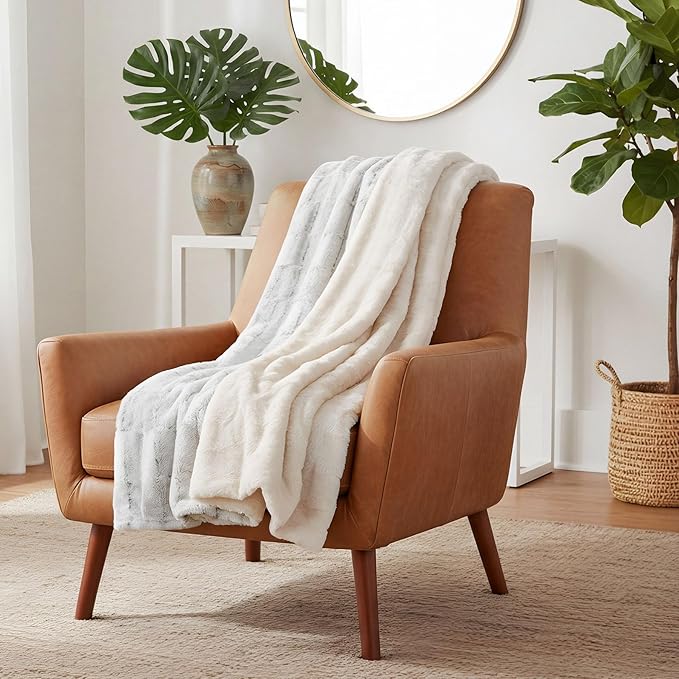 Americanflat Faux Fur Throw Blanket - Luxury 50x60 Extra Soft Plush Rabbit Fur, Reversible & Machine Washable Cozy Throw for Bed, Couch, Sofa, or Living Room Decor - Ivory, Cream, White
