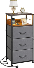WLIVE Nightstand with Charging Station, 31.9" H Nightstand with 3 Fabric Drawers, LED Bedside Table with USB Ports and Outlets, End Table for Bedroom, Dorm, Entryway, Dark Grey