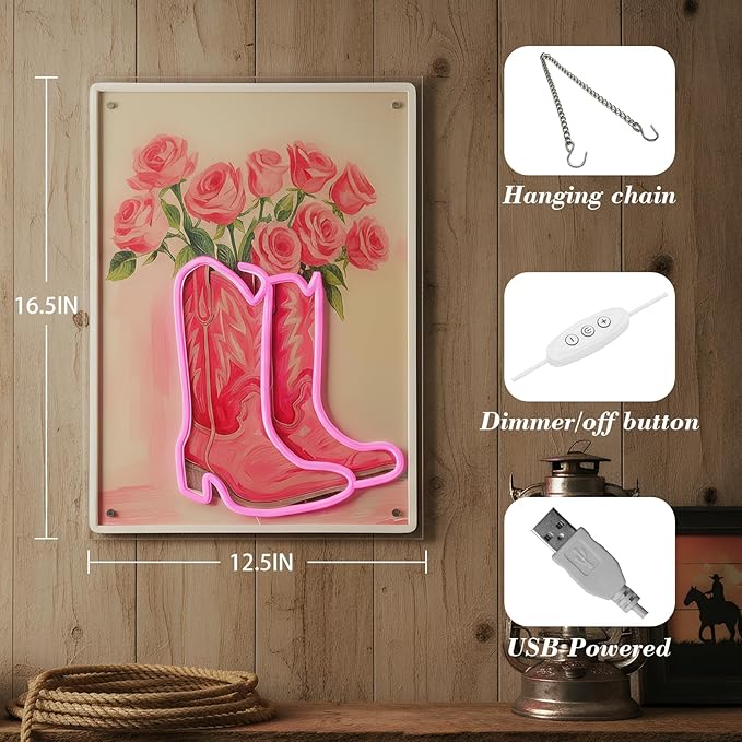 Cowgirl Boot with Flowers Neon Sign for Wall Art Decor, Dimmable Pink White LED Western Wall Light for Home, Bedroom, Game Room, Bar, Party, Birthday Gift for Cowgirls, 16.5 x 12.5 Inch