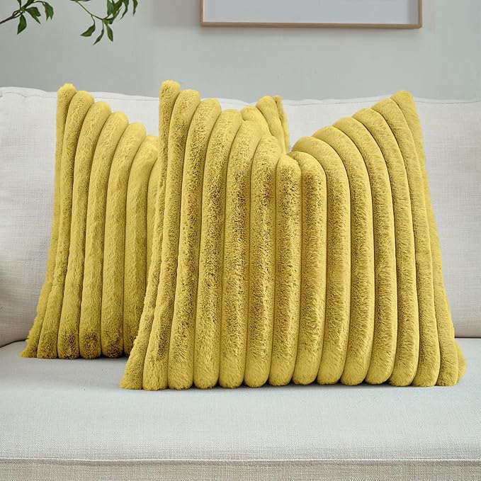 FUTEI Mustard Yellow Decorative Throw Pillow Covers Set of 2, 22x22 Inch Soft Fluffy Faux Fur Plush Striped Cushion Cases, Modern Home Decor for Couch Bed Living Room