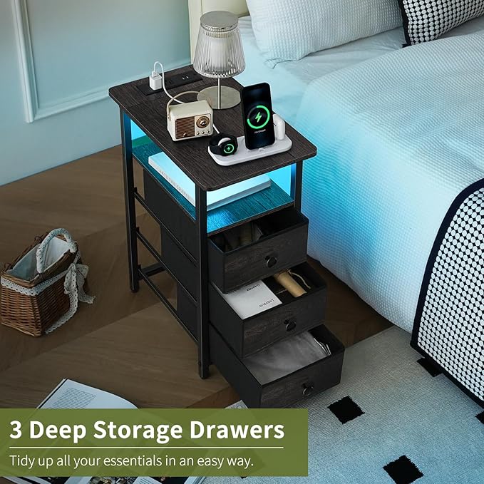 Yoobure End Table with Charging Station, LED Narrow Side Table Bedside Table, Small Night Stand End Tables Living Room, Skinny Nightstand with 3 Fabric Drawers, Side Tables Bedroom for Small Spaces