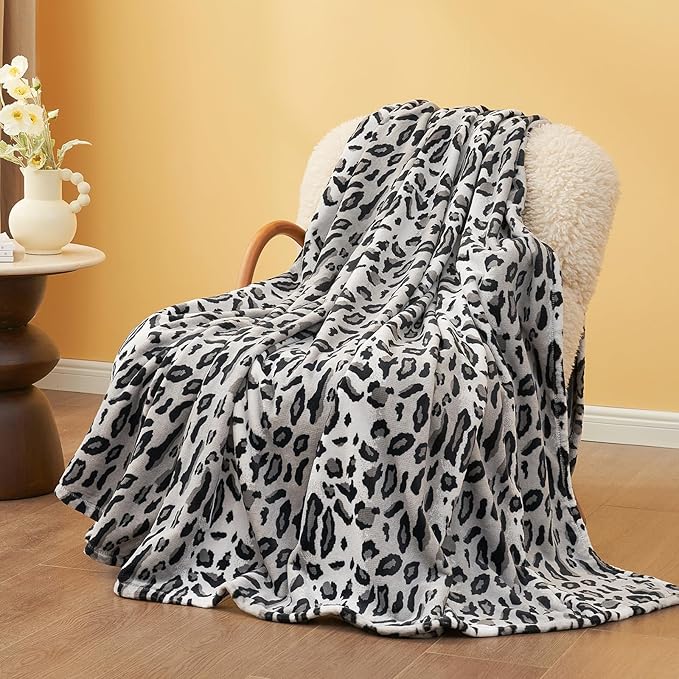 Cozy Bliss Leopard Print Fuzzy Throw Blanket for Couch & Bed, Thick Soft Warm Fleece Blankets for Room Decor, for Girls Kids Women Men, Snow Leopard, Grey 50"*60"