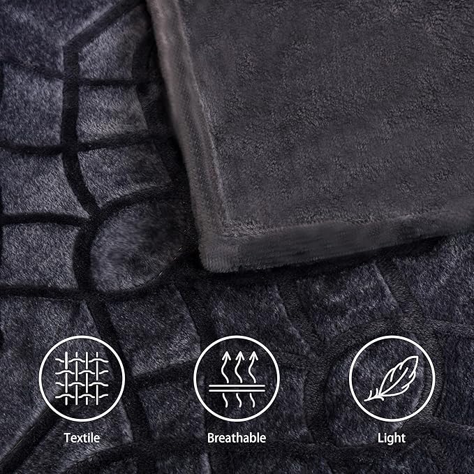 Soft Cozy Fleece Queen Size Blanket, 90x90 Inches – Lightweight Plush Blanket for Bed, Fuzzy 3D Jacquard Design - Dark Grey
