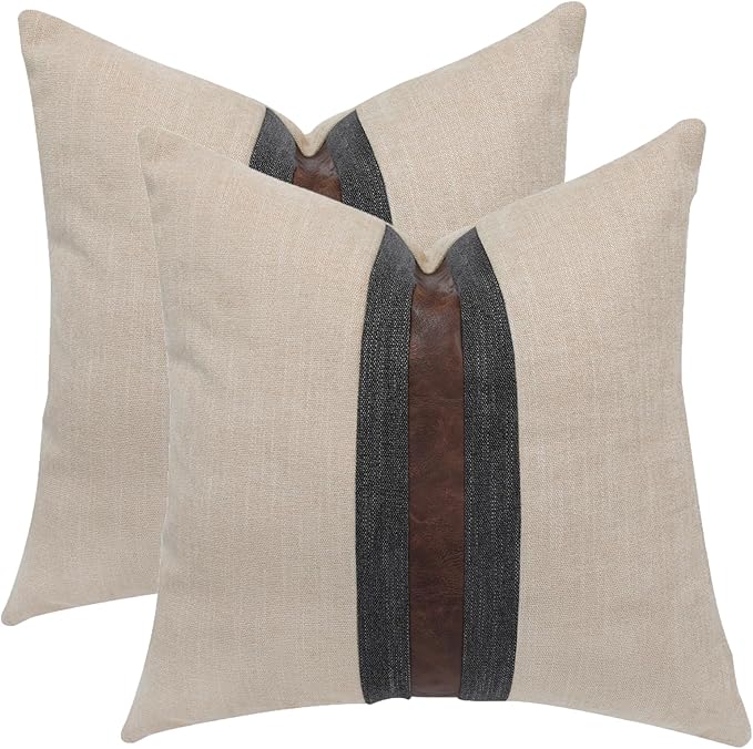 BOYSUM Set of 2 Leather Throw Pillow Covers Cotton Linen Decor Patchwork Pillow Cover Faux Leather Pillows Cover for Couch Sofa Living Room Bedroom,Beige 20"x20"