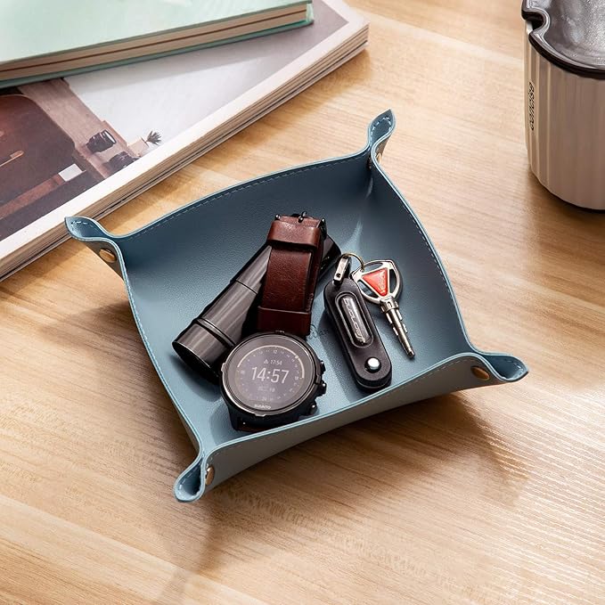 SANQIANWAN Leather Jewelry Valet Tray for Women and Man, Portable Entryway Table Tray Bedside Nightstand Desk Tray Small Catchall Travel Dish Plate for Key,Wallet,Watch,Coin (Light Blue-B)