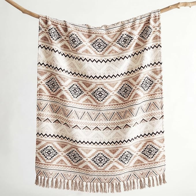 CASAAGUSTO Boho Throw Blanket - Brown White Decorative Blankets with Tassel, Printed Flannel Bohemian Blanket for Chair, Bed, Sofa, Couch(60 * 80, Brown White)