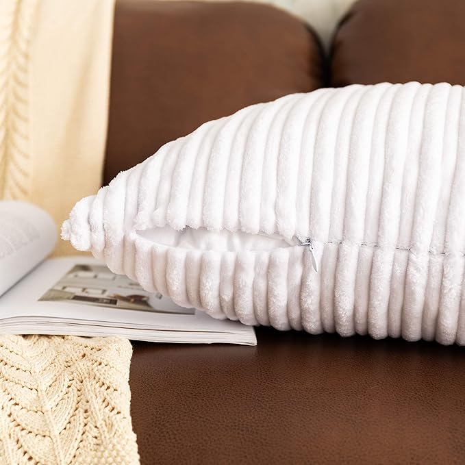 UGASA Pack of 2, Velvet Pillow Covers Striped, Soft Textured Throw Cushion Case Set, Accent Corduroy Lumbar Pillowcases with Hidden Zipper for Home Decor Indoor Outdoor (12"x20", Pure White)
