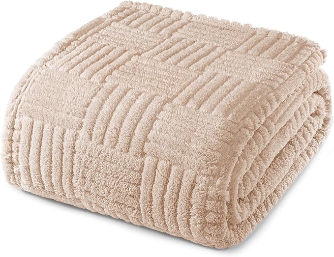 Whale Flotilla Lightweight Fleece Queen Size Blanket for Bed, Fuzzy Soft Blankets with Decorative Jacquard Pattern for All Season, Warm and Fluffy, 90x90 Inch, Camel