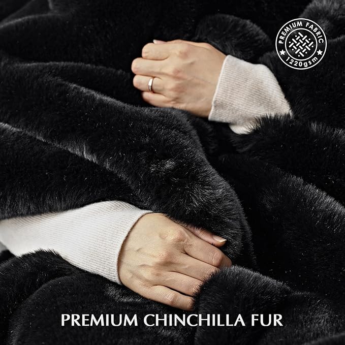 EVERGRACEHOME Luxury Soft Faux Chinchilla Fur Throw Blanket for Couch, Warm Thick Heavy Winter Throw Blanket 1220GSM for Bed, Fluffy Cozy Mink Blanket with Reversible Velvet, Black Noir Mink, 60"x80"