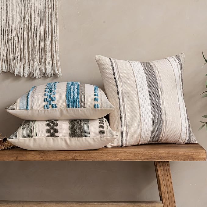 ANRODUO Pack of 2 Boho Decorative Throw Pillow Covers 20x20 Farmhouse Cushion Case Striped Chenille Pillow Cases Square Pillow Covers Accent Neutral Pillowcase for Sofa Couch Bed, Sky Blue Stripe 3
