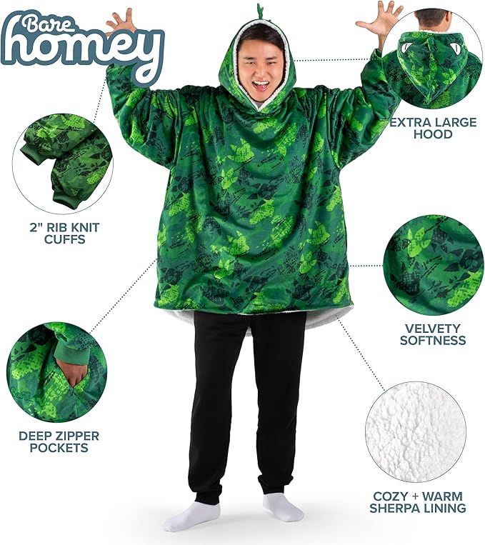 Bare Home Wearable Blanket Hoodie - Soft Plush Sherpa - Warm and Cozy - Oversized Wearable Blanket - Adult & Kid Sizes