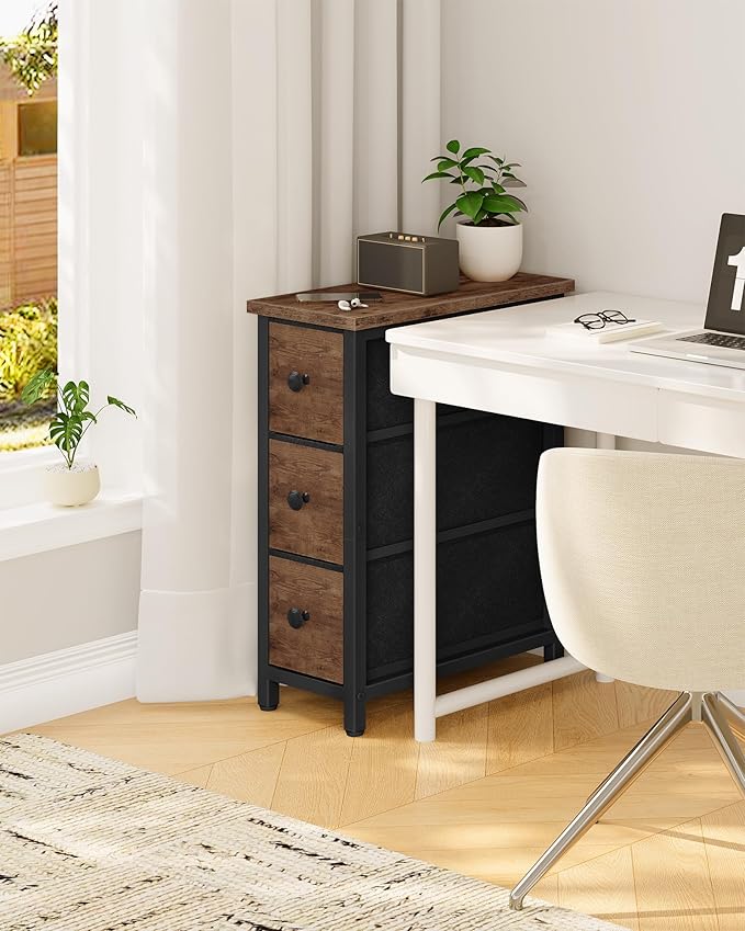 Narrow Side Table with 3 Fabric Drawers, Industrial Slim Bedside Table for Small Spaces, Bedroom, Living Room, Dormitory, Rustic Brown and Black TBZ09BF