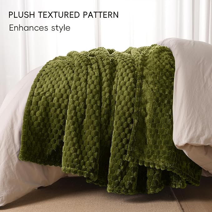 PHF Ultra Soft Flannel Fleece Blanket King Size, Lightweight 3D Jacquard Fleece Blanket, No Shedding, No Pilling, Luxury 340GSM Aesthetic Fluffy Cozy for Bed Room Decor, 108"x90", Olive Green