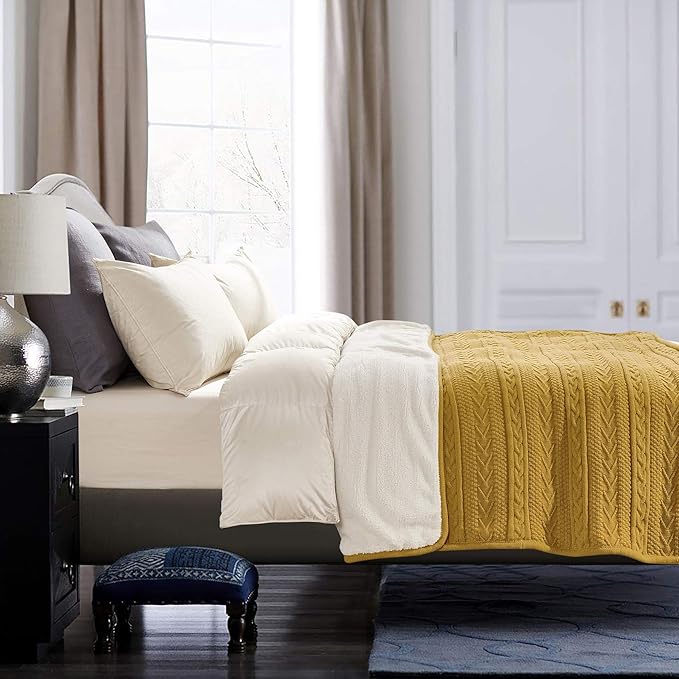 Longhui bedding Mustard Yellow Sherpa Throw Blanket - Thick, Soft, Big, Cozy Yellow Acrylic Cable Knit Fleece Blankets for Couch, Sofa, Bed - Large 60 x 80 Inches Coverlet All Season