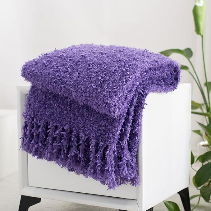 Winter Knit Throw Blanket Fluffy Fuzzy Soft Lightweight Cozy Farmhouse Tassels Chunky Knitted Throws for Couch Sofa Bed (Purple, 50"x60")