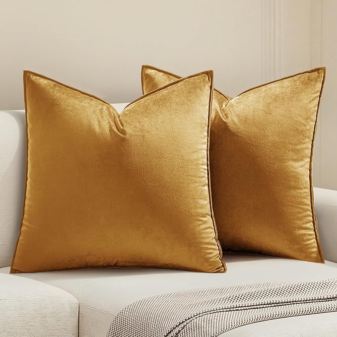 MIULEE Dark Gold Velvet Throw Pillow Covers 18x18 Soft Decorative Solid Square Cushion Cases Pack of 2 Modern Luxury Home Decor for Couch, Sofa, Bedroom