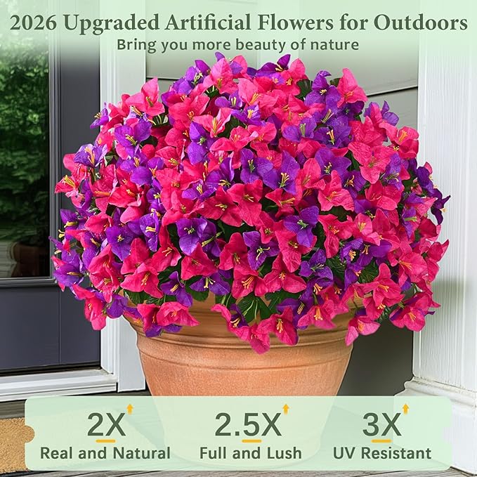 Yastouay 16 Bundles Artificial Flowers for Outdoors, Bougainvillea Fake Flowers for Outside, UV Resistant Silk Outdoor Faux Plants for Porch Patio Planter Front Door Garden Decor(Fuchsia Hot Pink)