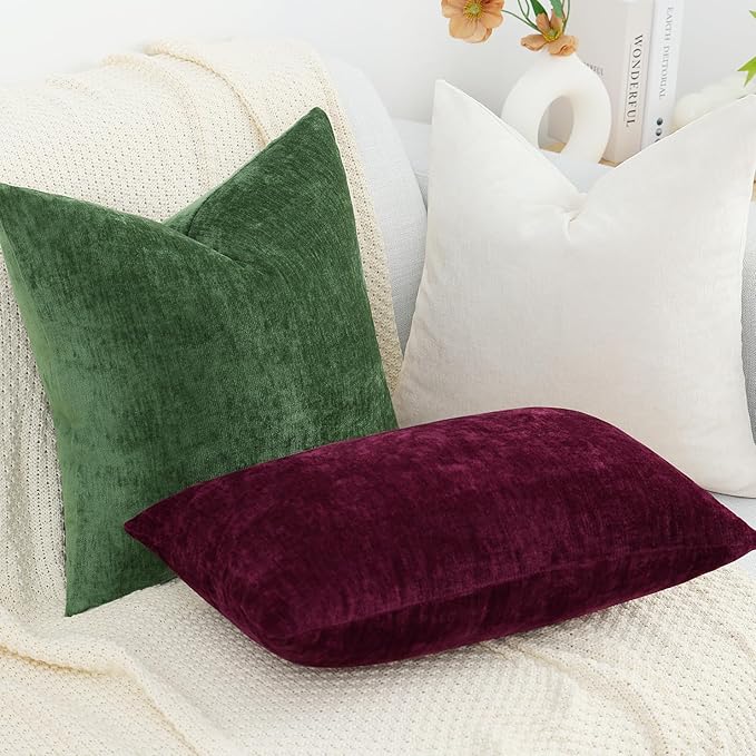 decorUhome Chenille Burgundy Throw Pillow Covers 18x18 Inch Set of 2, Decorative Soft Couch Pillow Covers Solid Dyed Accent Farmhouse Neutral Square Pillow Cases for Sofa