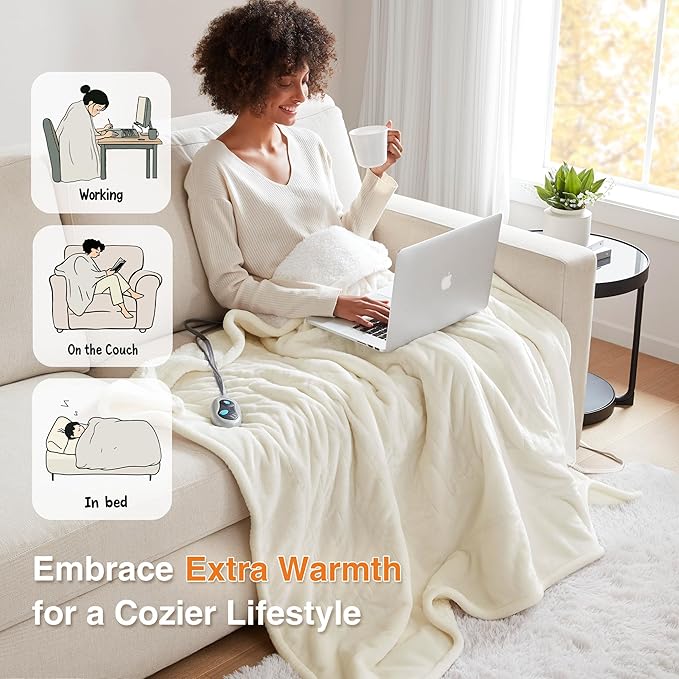 Beautyrest Heated Blanket, Electric Throw Blanket, Soft, Warm, Reversible Plush - Sherpa Heating Blanket Throw, 3 Heat Settings, 2 hr Auto Shut Off, Machine Washable, Oversized 60 in x 70 in, Ivory