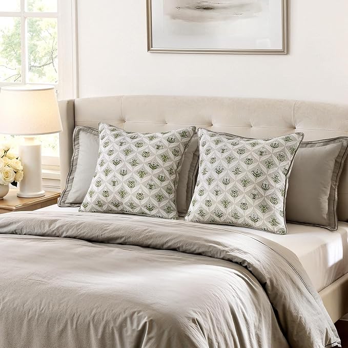 MIULEE Floral Throw Pillow Covers 18x18 Set of 2 Grey Spring Decorative Block Print Cotton Cushion Covers for Couch Living Room, Boho Modern Outdoor Sofa Vintage Garden Pillowcases Home Decor