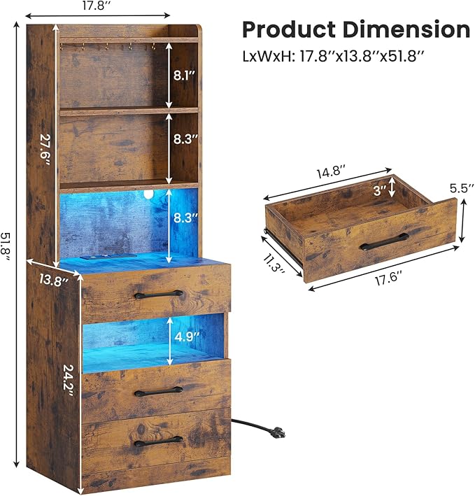 VIAGDO Tall Nightstand Set of 2 with Charging Station and LED Lights, Rustic Brown Night Stand Set 2 with Bookshelf, Modern LED Bedside Tables with 3 Drawers and Storage Shelves, Side Tables Bedroom