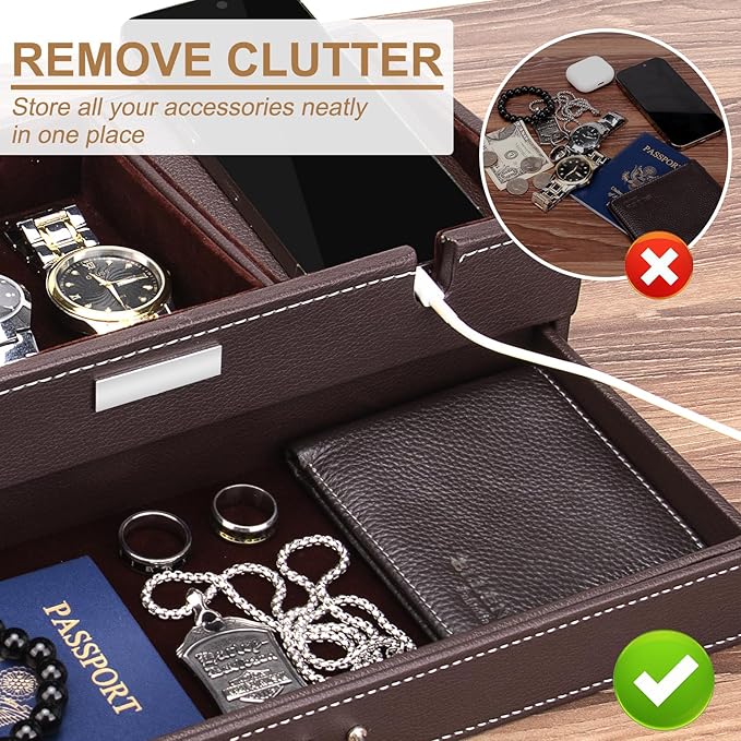 Baoyun Mens Valet Tray, Nightstand Organizers for Men, Leather Jewelry Storage Box Bedside Table Organizer EDC Catch All for Jewelry Key Wallet and Phone