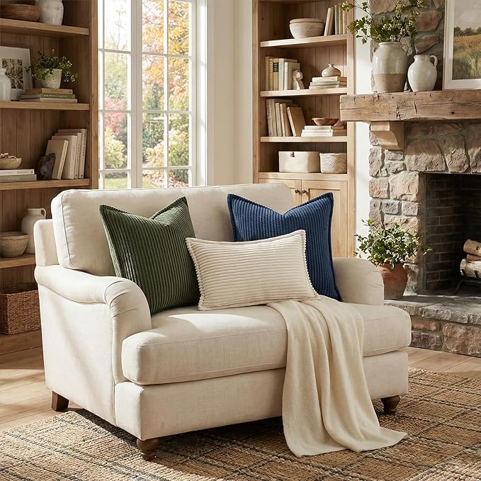 Mecatny Corduroy Throw Pillow Covers 26x26 Set of 2, Neutral Decorative Soft Boho Couch Pillow Covers with Broadside for Sofa Living Room, Navy