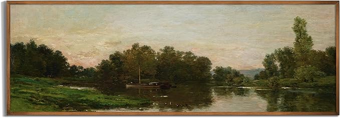 Rolled Canvas Vintage Farmhouse Bedroom Wall Decor Above Bed - Horizontal Wall Art Entryway - 16x48 - Panoramic Landscape Picture Sign - Canvas Muted Moody Pond Boat Cottagecore Fishing Print Poster