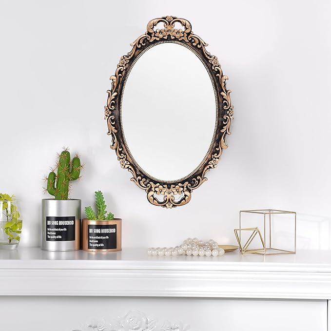 Vintage Decorative Gold Framed Mirror, Wall Hanging Mirrors & Tabletop Tray for Bedroom Living Room Dresser Decor, Oval- 9.6" W x 14.3" L (BRONZE-2PACK)