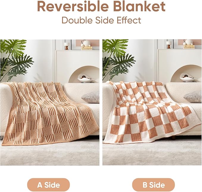 Snuggle Sac Checkered Orange Throw Blanket for Fall,Super Soft Reversible Cozy Warm Blanket for Couch Sofa Bedroom,Cute Lightweight Striped Throws for Women,Heather Orange,60x80 inches